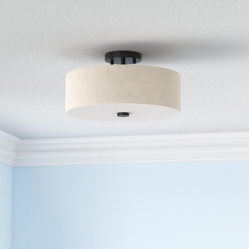 Livex Lighting 52135-92 Meridian Collection 3-Light Semi Flush Mount Ceiling Fixture with Oatmeal Color Fabric Hardback Drum Shade and Satin White Diffuser, English Bronze - Image 2